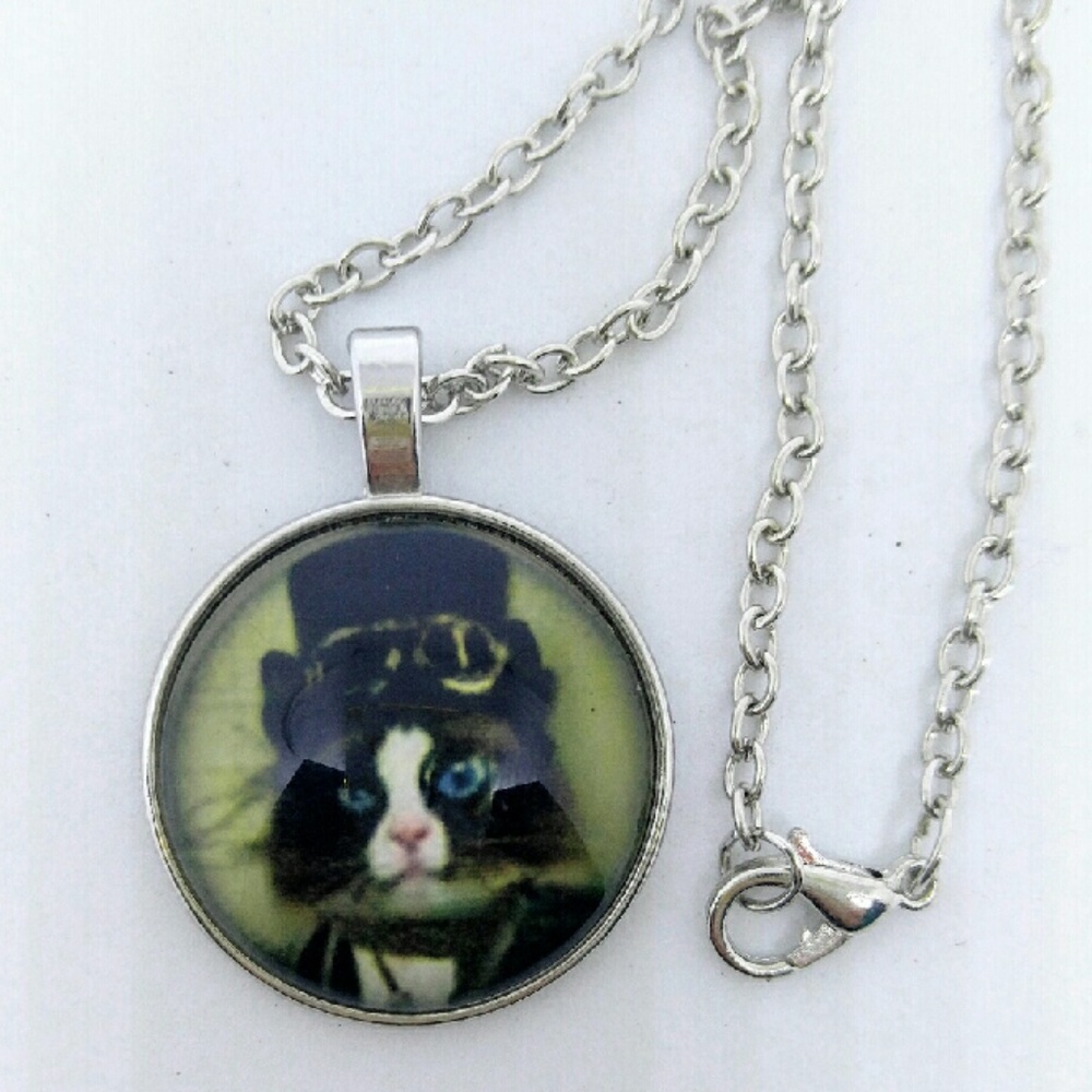 Steampunk Kitty Cabochon Necklace NEW